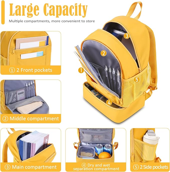 NOL Natural Organic Lifestyle Kids 2-in-1 Backpack & Insulated Lunch Bag-16 Multi-Functional Large Compartments Backpack for School & Travel,Double Deck,Water Resistant,Leak-proof,Padded,Earth-yellow