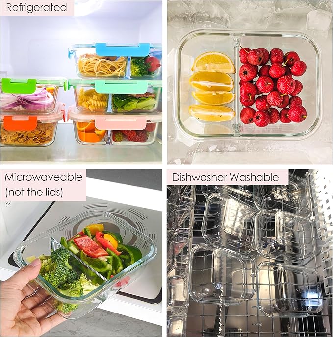 5-Pack,2 Compartment Glass Meal Prep Containers Set,34oz, Divided Food Storage Containers with Lids, Glass Lunch Box with 2 Dividers