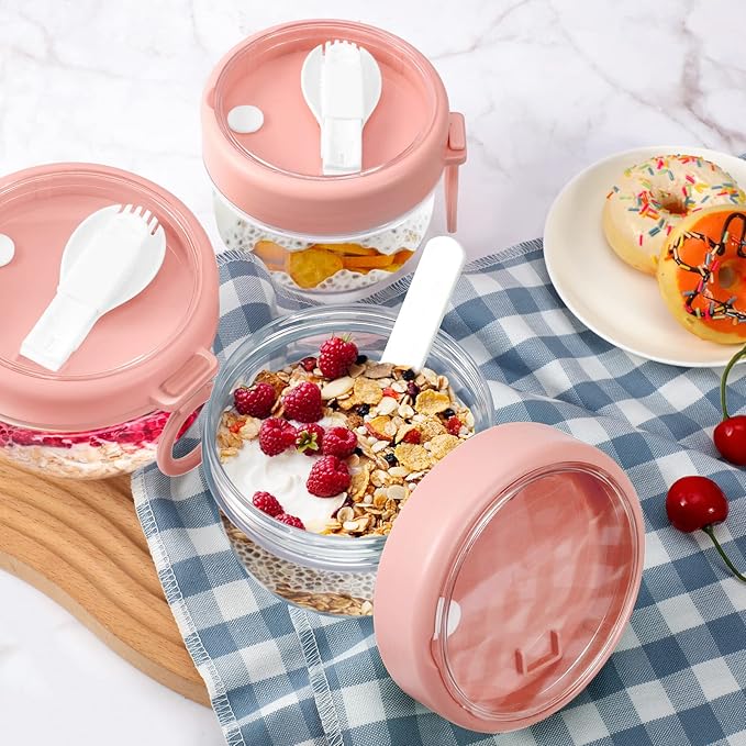 4 Pcs Overnight Oats Container with Lids and Spoons, 20 oz Plastic Overnight Oats Jars Large Capacity Airtight Yogurt Container for Milk, Fruit, Cereal and Salad Storage (Pink)