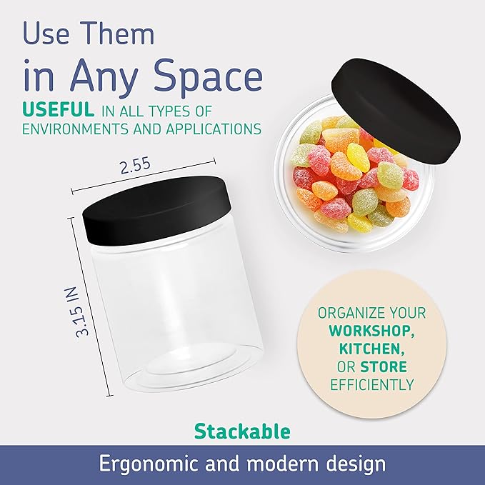 Plastic Containers with Water-Tight Black Lids (6 oz, 24 Pack) - Clear Plastic Food Storage Jars with Labels and White Marker - Great for your slime kit or any type of storage - BPA Free