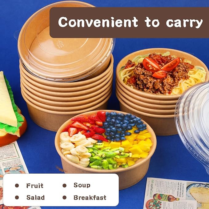 17 oz 50 Pack Large Kraft Paper Bowls with Lids, Paper Salad Bowls, Disposable Soup Salad Bowls, Paper Food Container for Salad Hot Cold Food