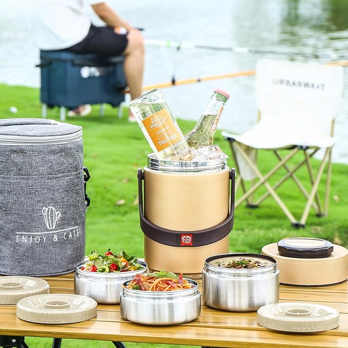 67 Oz Adults Stainless Steel Vacuum Soup Thermos For Hot Food with Inserts Stackable Bento Box and Lunch Bag,Width Mouth Portable Nsulated Food Jar Lunch Container (golden, 67 oz)