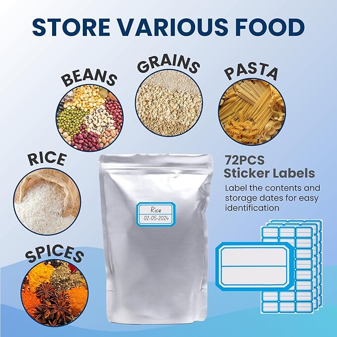 50PCS Quart Mylar Bags For Food Storage - 10Mil Thick 7x10 inch Mylar Bags with Oxygen Absorbers 400cc & Labels, Ziplock Bag for Long Term Storage, Heat & Vacuum Seal Large Kitchen Bag