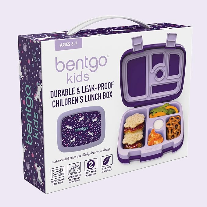Bentgo Kids Prints Leak-Proof, 5-Compartment Bento-Style Kids Lunch Box - Ideal Portion Sizes for Ages 3-7, Durable, Drop-Proof, Dishwasher Safe, & Made with BPA-Free Materials (Unicorn)