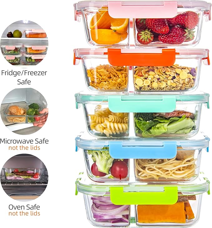 Glass Meal Prep Containers 2 Compartment with Lids (5 Pack, 34oz), Divided Glass Storage Containers for Lunch at Work, Leak-Proof Portion Control Food Containers, Microwave/Dishwasher Safe
