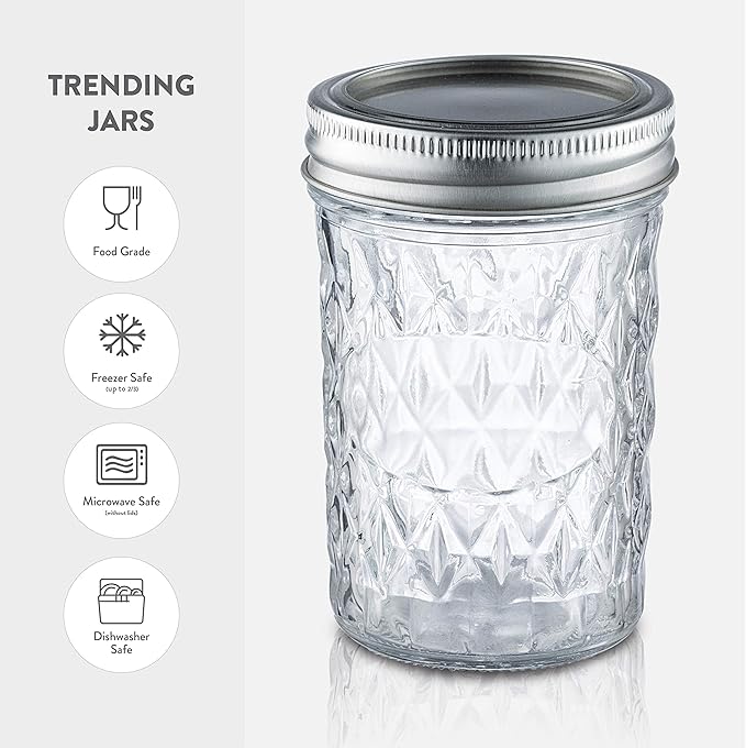 Paksh Novelty Mason Jars - 12-Pack Quilted Glass Jars with Lid & Seal Bands - Airtight Container for Pickling, Canning, Candles