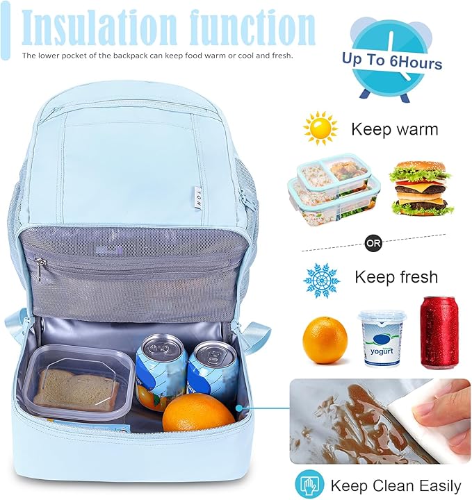 NOL Natural Organic Lifestyle Kids 2-in-1 Backpack & Insulated Lunch Bag-16 Multi-Functional Large Compartments Backpack for School & Travel, Double Deck, Water Resistant,Leak-Proof,Padded-Light Blue