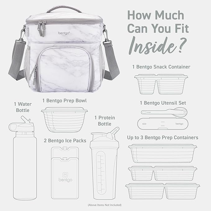 Bentgo Prep Deluxe Insulated Multimeal Bag - Lunch Box Bag, Holds 5 Meals, Premium Insulation up to 8 Hrs, Durable, Water-Resistant - Large Capacity For Adult Meal Prep (White Marble)