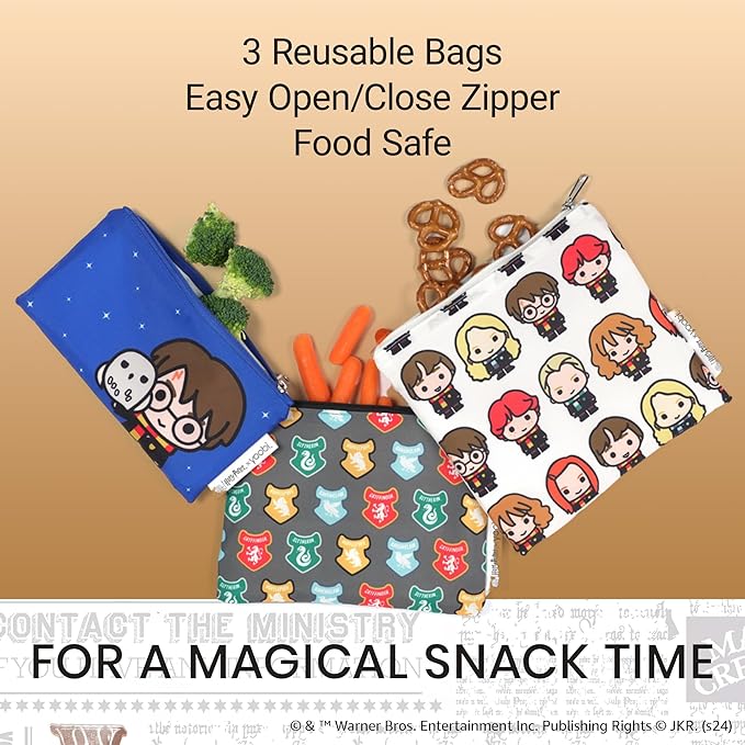 Yoobi x Harry Potter Bento Box, Snack Bags & Gel Pens Bundle – Reusable Snack Bags (3-Pack), Bento Box with Ice Pack - BPA Free, Gel Pens (10-Count) with Charms – Cute Designs for Kids & Adults