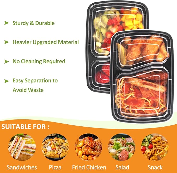 Eupako 55 Sets 32 oz Meal Prep Container Reusable - Plastic-Food-Storage-Containers-with-Lids, Disposable To Go Containers, Portion Control - Microwave, Dishwasher, Freezer Safe (2 Compartment)