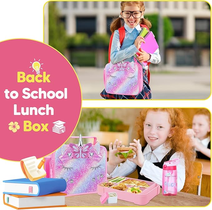 JYPS Unicorn Bento Box for Kids with Insulated Lunch Bag, Lunch box Set with kids water bottle,Sauce Container,Ice Pack,Utensils,Perfect Lunch Container for Girls and Toddlers Back to School Age 7-15