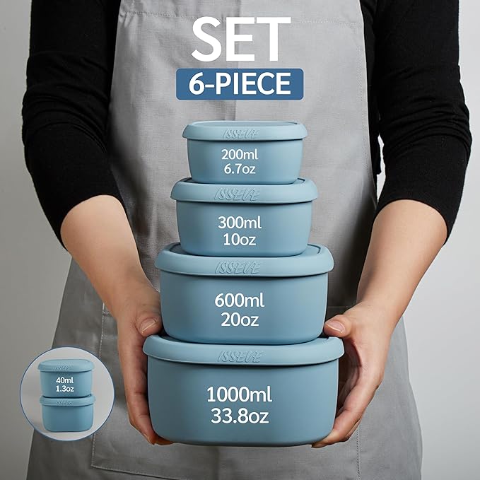 ISSEVE 6Pcs/Set Nesting Silicone Food Storage Containers with Lids, BPA Free Reusable Meal Prep Silicone Containers Lunch Box Bento Box Set (33.8oz, 20oz, 10oz, 6.7oz, 1.3oz) (Blue)