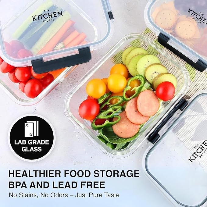 KITCHEN SHOPPE 24-Piece Borosilicate Glass Food Storage Containers | BPA-Free, Airtight, Reusable, Stackable Set for Meal Prep, Leftovers, or Lunch | Freezer, Oven, Microwave & Dishwasher Safe