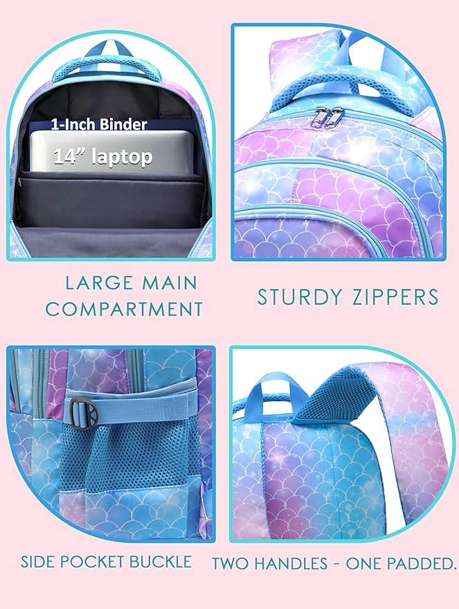 BLUEFAIRY Girls Backpack with Lunch Box Set Mermaid School Bag Set for Kids Elementary Primary School Book Bags Back to School Bookbags for Childs Lightweight Mochila para Niñas Cute Gifts Aged 4-8