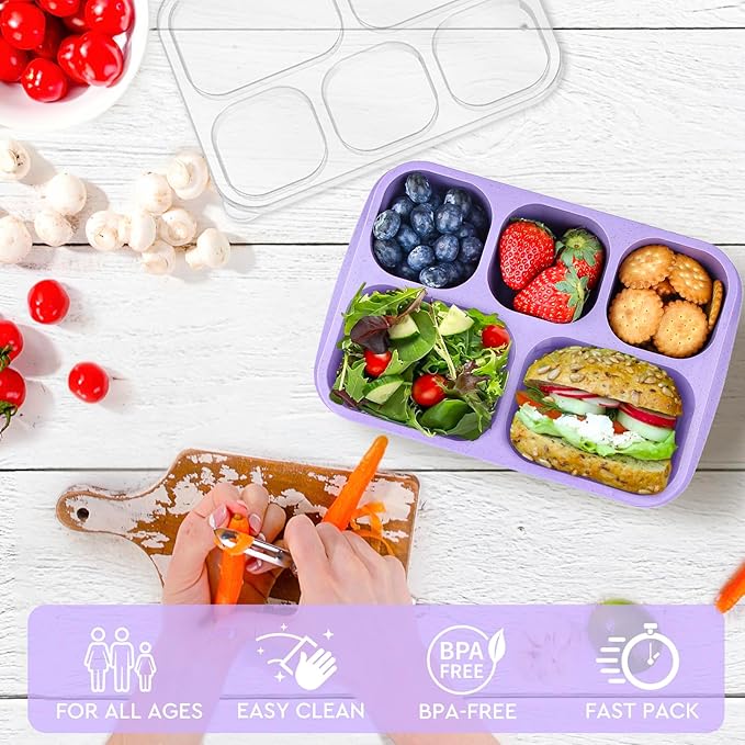 MaMix Bento Box Adult Lunch Box, 5 Compartment Snack Box for Adults 4 Pack, Reusable Stackable Snack Containers for Kids Adults with Utensils, for School, Work, and Travel (Wheat)