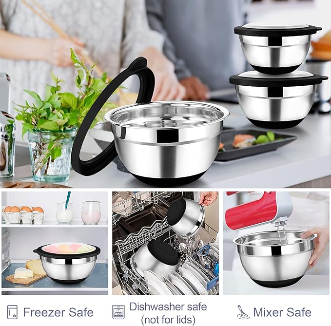 TeamFar Mixing Bowls with Lids Set of 6, Stainless Steel Metal Salad Bowls with Non-Slip Bottom, For Mixing Serving Prepping, Healthy & Heavy Duty, Black,4.6/3.5/2/1.5/1/0.7 QT