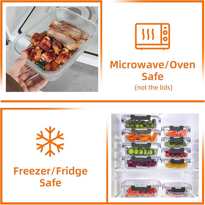 10 Pack Glass Food Storage Containers with Airtight Lids, Ideal for Meal Prep, Lunches - Microwave and Dishwasher Safe, Grey