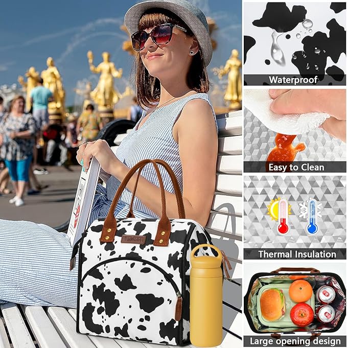 LOKASS Lunch Box for Women-Insulated Adults Lunch Bag with Front Pocket-Cute Lunch Tote for Work-Reusable Cow Print Cooler Bag for Office Picnic Beach or Travel