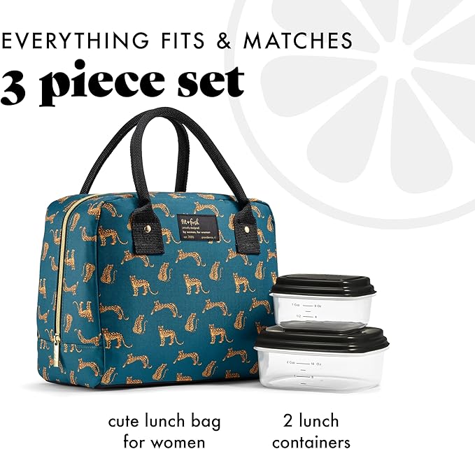 Fit & Fresh Lunch Bag For Women, Insulated Womens Lunch Bag For Work, Leakproof & Stain-Resistant Large Lunch Box For Women With Containers, Ice, Zipper Closure Bloomington Lunch Bag, Teal Cheetah