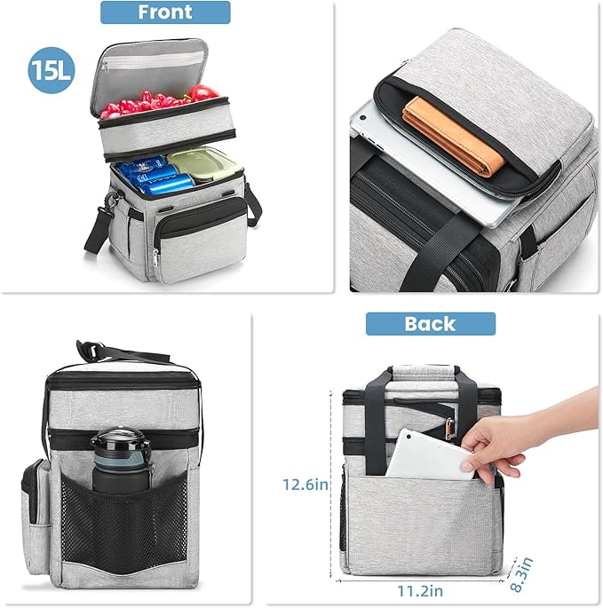 Insulated Lunch Bag & Lunch Box for Men - Double Deck Reusable Lunch Bag for Women Tote Cooler Bag Leakproof Soft Expandable - Large Lunchbox for Work/Adult/Picnic/Outdoor (Gray,15L)