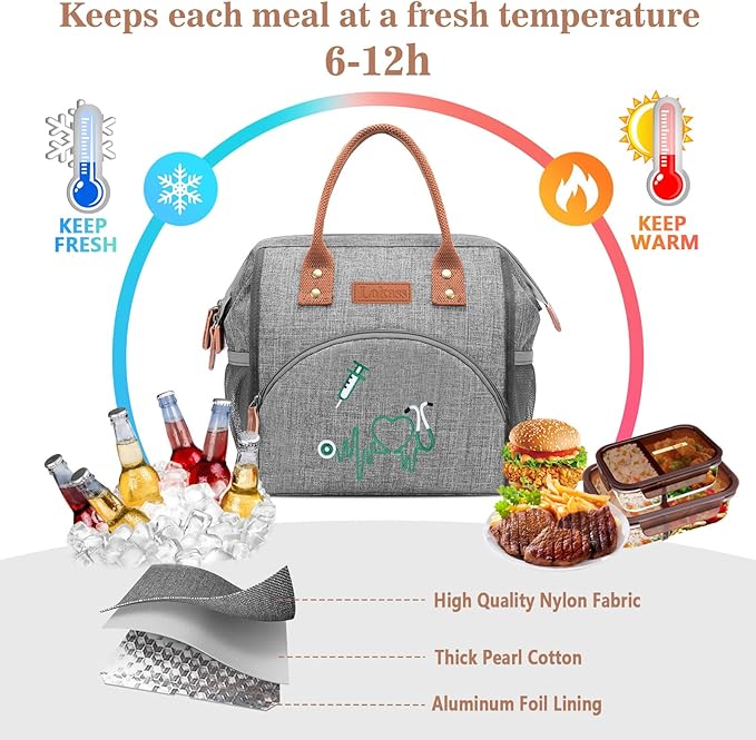 LOKASS Nurse Lunch Bag for Women, Embroidered Lunch Box with Special Nursing Design, Insulated Lunch Tote Ideal for Nurse Gifts, Neutral Grey