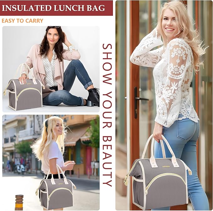 LOKASS Lunch Bag Women Insulated Lunch Box Wide-Open Lunch Tote Bag Large Cooler Bag for Work Picnic Hiking Beach(Dark Gray)