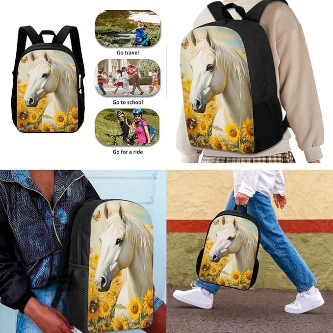 Dolyues Sunflower Horse Girls Backpack Combo: 17 Inch Lightweight Backpack, Eco-Friendly Lunch Bag & Organizer Pencil Case - Ages 5-10