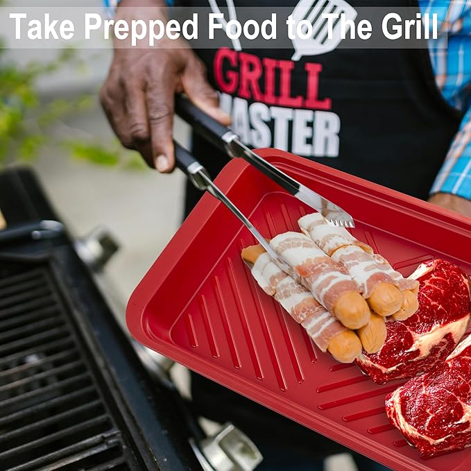 KAQAHIDO Grilling Deep Prep and Serve Trays, BBQ Platter for Raw Meat Marinating and Finished Cooked Food, Melamine Serving Tray, Set of 2, Cleaning Pack Included