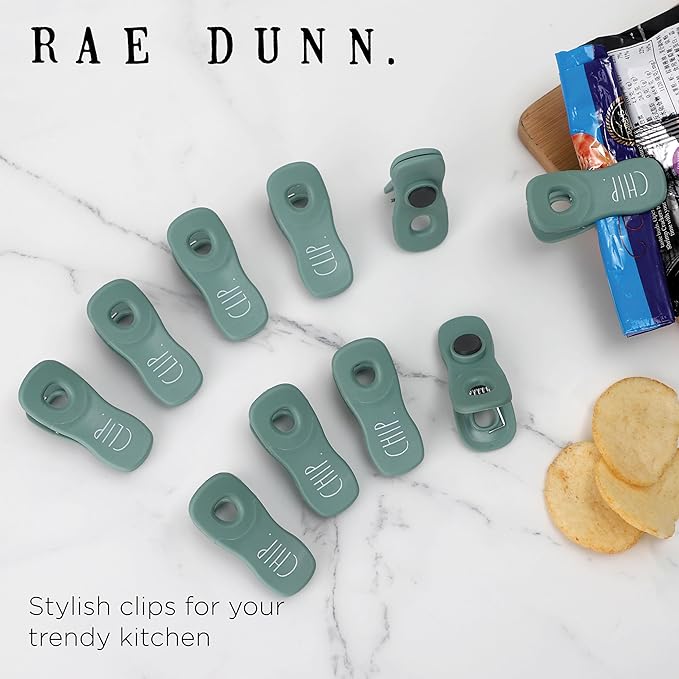 Rae Dunn Bag Clips with Magnet - Chip Clips, Food Storage with Air Tight Seal Grip for Bread, Snack and Food Bags, Pack of 10, Sage