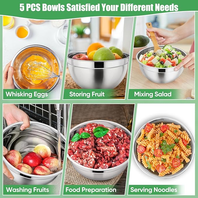 P&P CHEF Mixing Bowl with Lid Set of 5, 10-Piece Stainless Steel Nesting Salad Bowl Set for Prepping, Mixing and Serving, Size 4.6, 3, 1.5, 1, 0.7 QT, Rimmed Edges & Flat Base, Multicolor