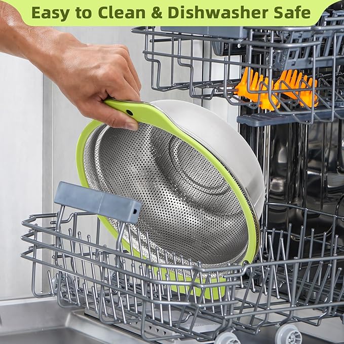 Colander Stainless Steel Microporous, 5QT Large Capacity Rice Washer with Mixing Bowl, 12.5’’Rice Strainer Bowl Set with Handle, Food-Grade Strainers and Colanders for Washing Rice, Pasta