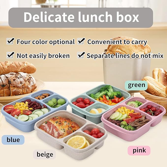 8 Pack Bento Lunch Box Set 3 Compartment Wheat Straw Meal Prep Food Storage Containers Plastic, Microwave and Dishwasher Safe(light colour)