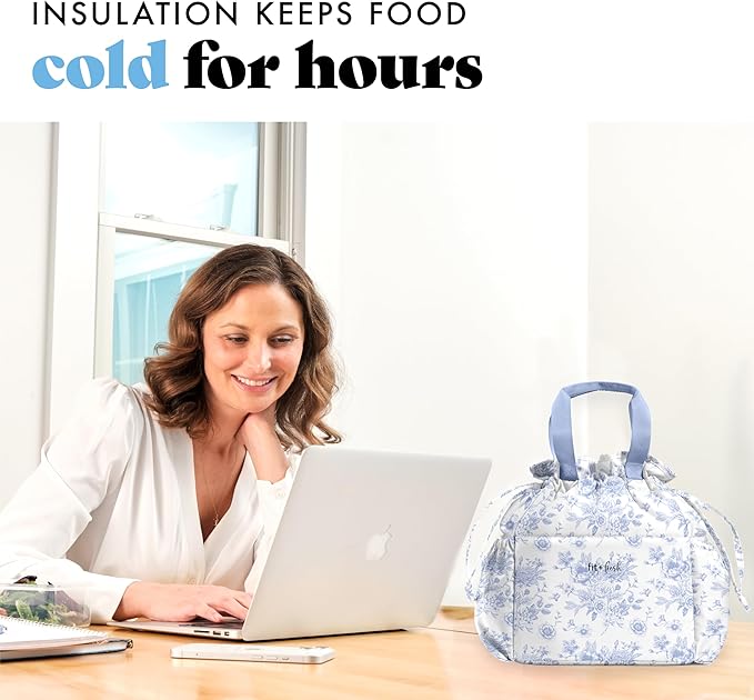 Fit & Fresh Lunch Bag For Women, Insulated Womens Lunch Bag For Work, Stain-Resistant Large Lunch Box For Women With Containers, Cinch Closure Cromwell Bag, Cornflower Floral Toile