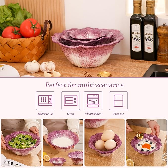 KXZ Ceramic Mixing Bowls Set, Nesting Bowls Set of 3 For Kitchen - 60oz, 16oz, 5oz Prep Serving Bowl Set for Entertaining, Baking and Mixing Salad, purple