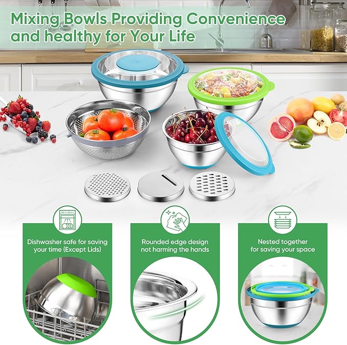 P&P CHEF Mixing Bowls with Lids Set of 3, 3 Pcs Stainless Steel Nesting Salad Bowls and Colander for Kitchen, 3 Grater Attachments & Non-Slip Bottoms, Visible & Airtight Lid, Multicolor