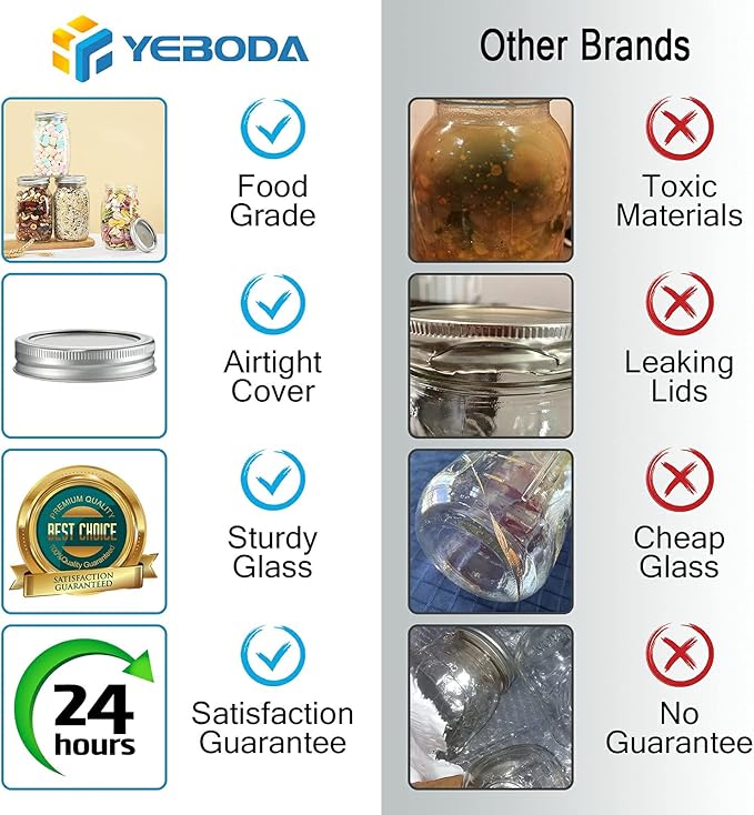 YEBODA 6 Pack Wide Mouth Mason Jars 32oz Glass Canning Jars with Airtight Lids and Bands for Preserving, Jam, Honey, Jelly, Wedding Favors, Sauces, Meal Prep, Overnight Oats, Salad, Yogurt