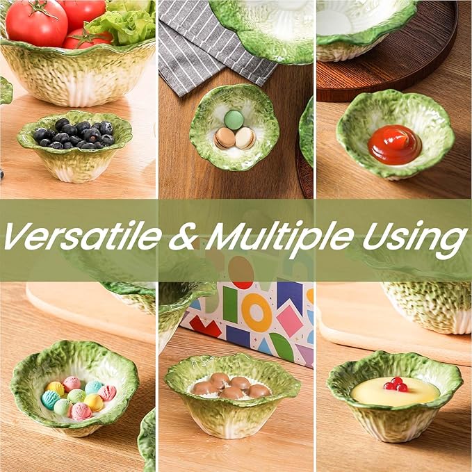 KXZ 5 oz Ceramic Dipping Bowl, Green Cabbage Shape Small Bowls, Porcelain Mini Baking Cups Oven Safe for Personal Ice cream, Soy Sauce, Dipping Dish, Cheese, Snack, Yogurt, Ketchup, BBQ
