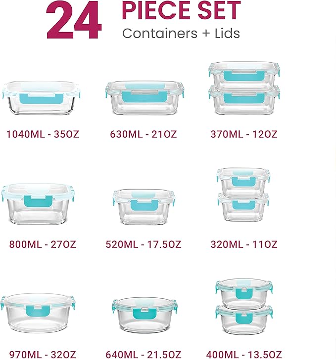 FineDine 24 Piece Glass Storage Containers with Lids - Leak Proof, Dishwasher Safe Glass Food Storage Containers for Meal Prep or Leftovers, Teal