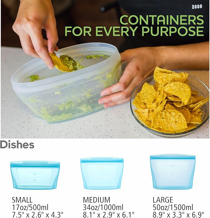 Reusable Silicone Food Storage Bag, Stand Up Food Storage Container, Reusable Zipper seal bag, no lid required, for Food Storage& Meal Prep, Freezer Oven Dishwasher - Safe, Set of 6 Bowls