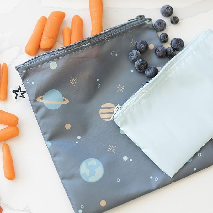 Tiny Twinkle 3 Pack Reusable Snack Bags - Machine Washable, PFAS, PVC, BPA, Phthalate-Free Reusable Baby and Toddler Food Safe Snack Bags (Space)