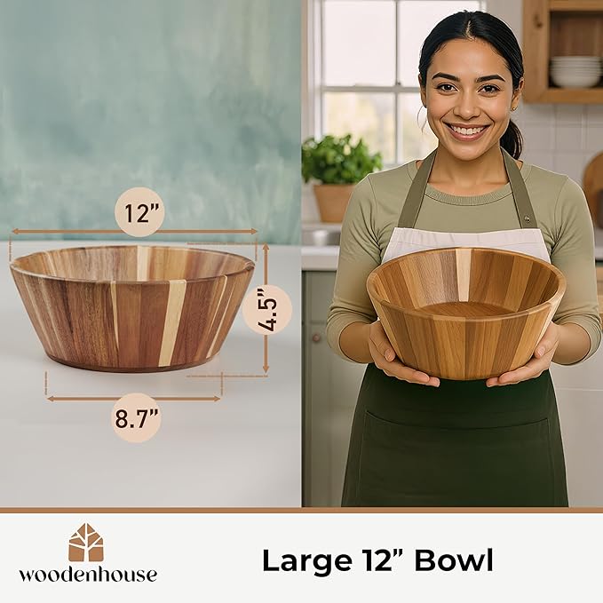 Wooden Salad Bowl, Salad Bowl, Wooden Bowl - 12" Round Design Fruit Bowl, Handmade, Durable and Stylish Natural Wood Dining Accessory by Woodenhouse