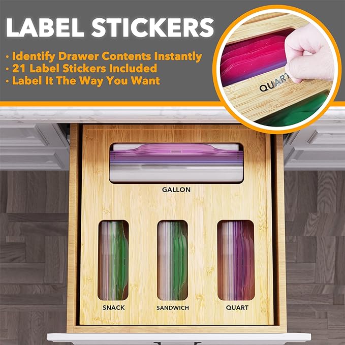 SpaceAid Bag Storage Organizer for Kitchen Drawer, Bamboo Organizer, Compatible with Gallon, Quart, Sandwich and Snack Variety Size Bag (1 Box 4 Slots), 2.5" High