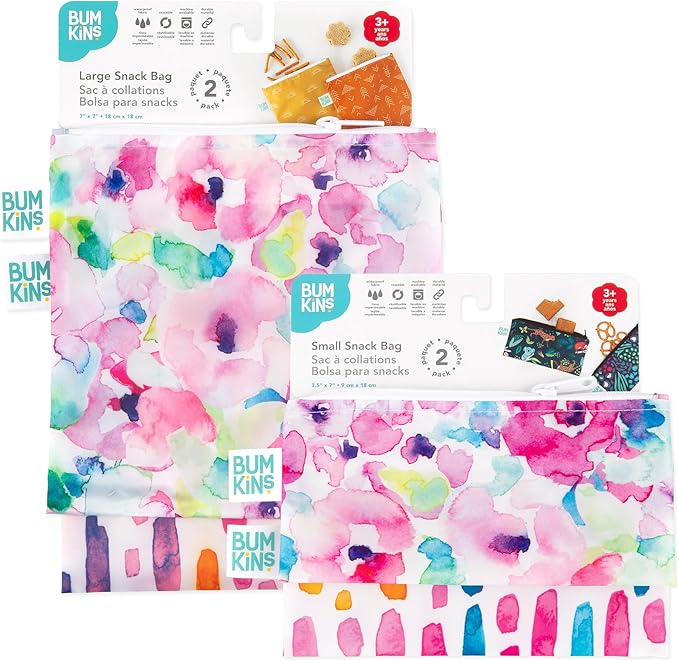 Bumkins Reusable Sandwich and Snack Bags, for Kids School Lunch and for Adults Portion, Washable Fabric, Waterproof Cloth Zip Bag, Travel Pouch, Food-Safe, Large 4-pack Watercolors and Brushstrokes