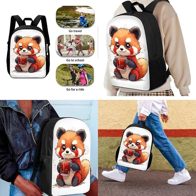 Dolyues Cute Raccoon Girls 3-Piece Backpack Set: 17 Inch School Bag, Double-Shoulder Lunch Pack & Pencil Pouch - Lightweight & Waterproof for Ages 6-12