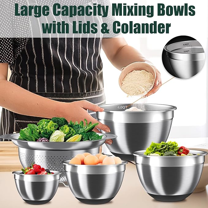 Mixing Bowls with Airtight Lids Set, 4 Stainless Steel Bowls Nesting Bowls & Colander, Kitchen Organizers and Storage Non-Slip Bottom, Size 1.5/2.0/2.5/4.0QT, Great for Mixing & Serving, Black