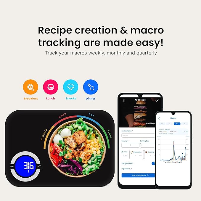 Smart Kitchen Scale- Digital Weight Grams and Oz Food Scale with Nutritional Calculator for Weight Loss, Accurately Track Calories & Macros with Bluetooth Fitness App (Black).