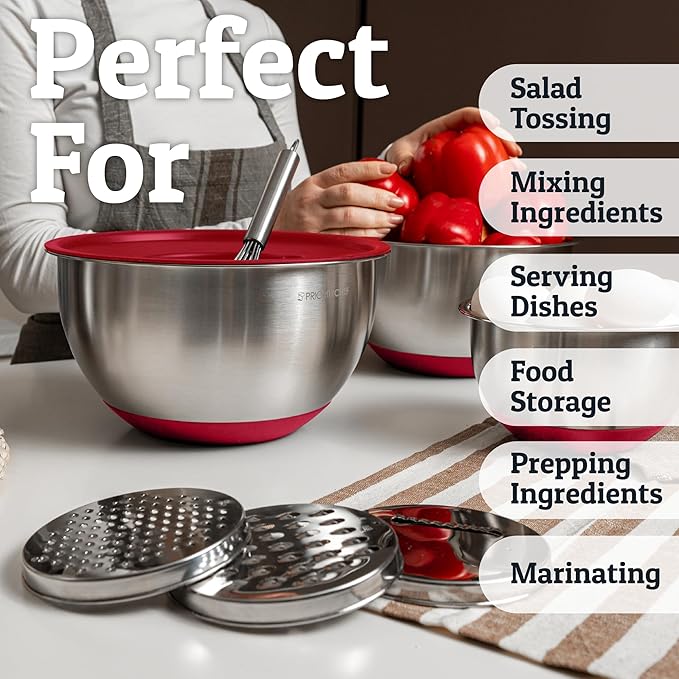 Priority Chef 28Pc Stainless Steel Mixing Bowls with Lids Set, Non-Slip Base, Air Tight Lids, 3 Graters and Utensil Set, Large Metal Nesting Bowls for Kitchen, Red