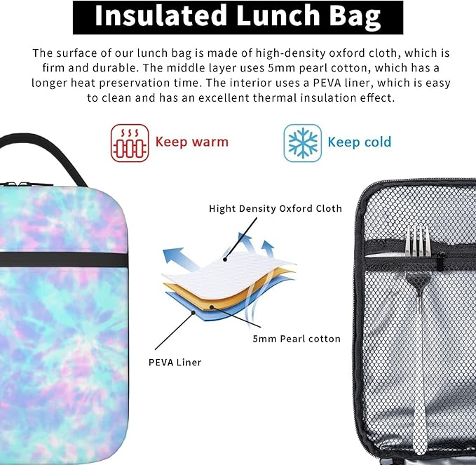YETTA YANG Pink Tie Dye Purple Colorful Portable Lunch Bag Insulated Lunch Box Reusable Totes For Women Men Work Picnic Camping