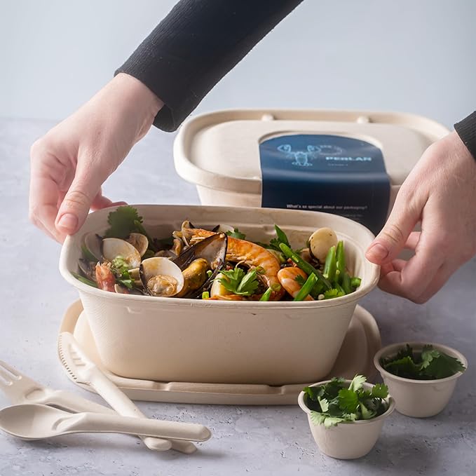 Disposable 48oz Food Containers with Lids (200 Bowls + 200 Lids) Eco-Friendly Biodegradable Bamboo & Sugarcane, Sturdy & Leak Resistant, Freezer & Microwave Safe for Hot & Cold (48 oz)