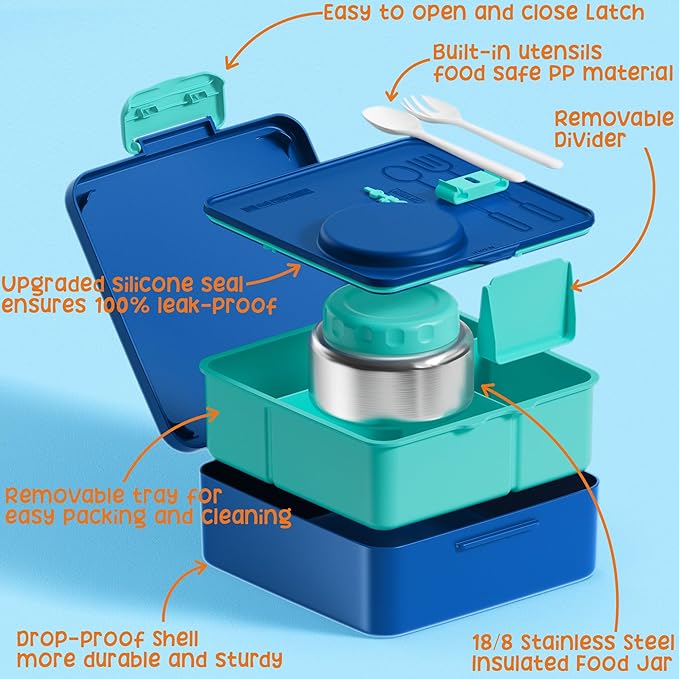 Fimibuke Bento Box for Kids Adult, BPA Free & Leakproof Toddler Lunch Box with 8.5oz Insulated Thermos Food Jar, Utensils & Sauce Jar, Dishwasher Safe 3 or 4 Compartment Container for School Girl Boy